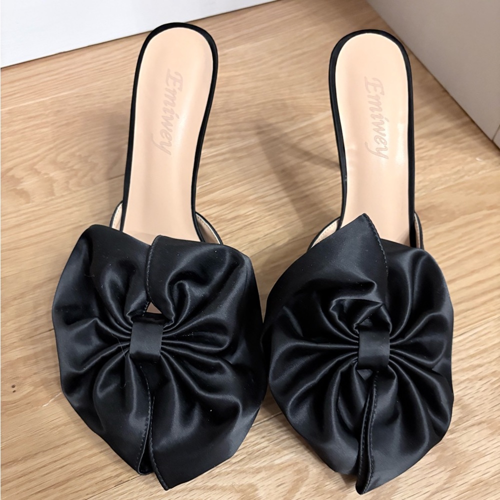 Emiwey Black Bow Heeled Mules Pointed Toe Slip-On Satin Heels Women’s 8